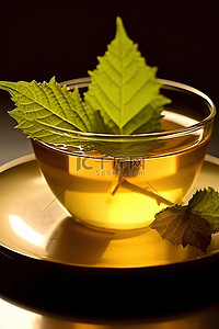 树叶碗背景图片_茶放在碗里，中间有一片叶子
