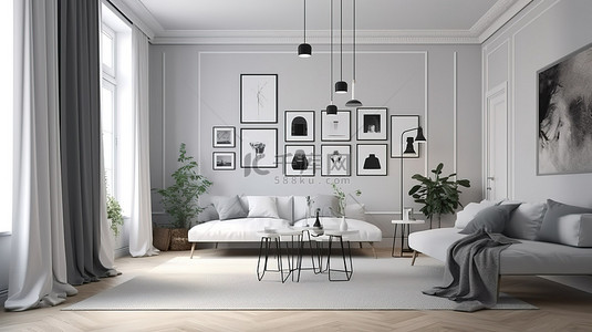 家居风格海报背景图片_斯堪的纳维亚风格的客厅内部配有 3D 渲染的空白海报框架模型