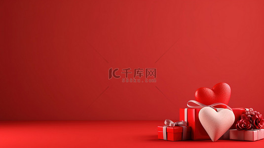 红色背景的 3D 插图，包括心形礼物和情人节横幅文本空间的盒子