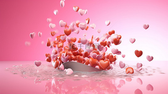 彩色心形瀑布成粉红色瀑布的 3D 渲染