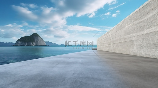 一条空置混凝土道路的海景视图，背景为 3D 渲染的建筑物