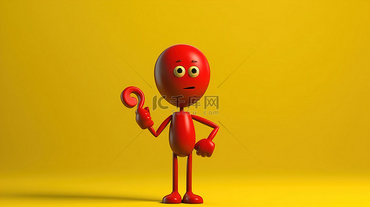 人物吉祥物的 3D 渲染，带有红色问号标志和黄色背景上象征获奖者的金色奖杯