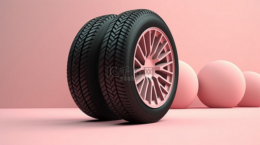 孤立的 3d 轮胎和轮辋渲染在柔和的背景简约场景