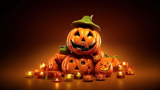 幽灵般的季节 3D 渲染一个充满糖果的杰克灯笼，迎接欢乐的万圣节
