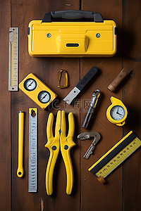 黄色工作工具以及木桌上的工具箱
