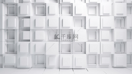 简约的白色方形网格图案墙艺术设计的无缝 3D 渲染