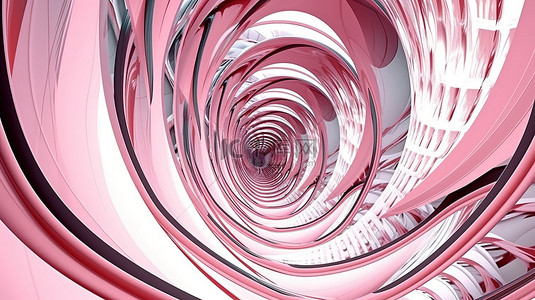 粉色抽象圆圈背景图片_具有门户音量控制和螺旋特征的 3D 渲染的白色和粉色抽象圆形分形