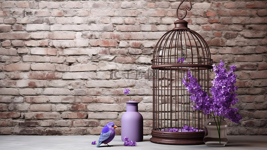 带鸟笼紫色花朵和杯子的砖背景的 3D 渲染