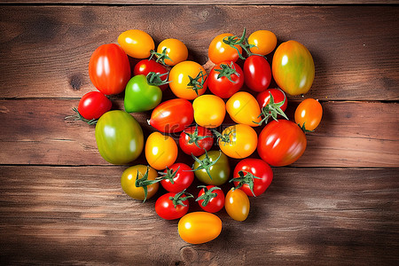 新鲜西红柿背景图片_木质背景上彩色番茄的心形