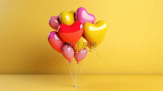 黄色新年快乐背景图片_充满活力的心形气球在阳光明媚的黄色背景 3D 渲染水平横幅上庆祝新年
