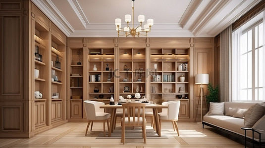 起居室背景图片_优雅的起居室和餐厅，配有 ​​3D 渲染的木制书架