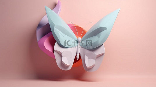 粉红色蝴蝶背景图片_简约的元宇宙概念 3D 渲染蝴蝶图标在干净的背景上，用于模型和卡通界面设计