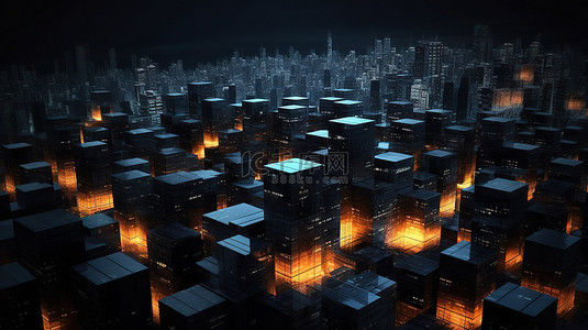 3D 渲染中的夜间大都市未来立体派城市景观