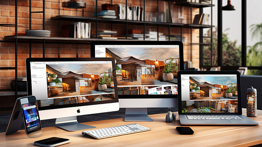 用户设置背景图片_响应式设备展示电子杂志网站家庭办公室设置的 3D 渲染