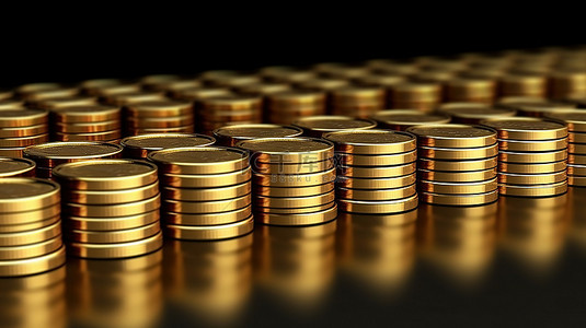 财富积累 3D 渲染硬币堆的插图，用于商业投资和利润