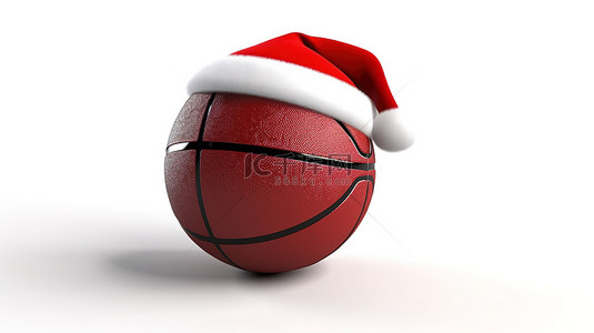 假期防疫不松懈背景图片_3d 渲染的红色圣诞老人帽子在白色背景上搁在篮球上