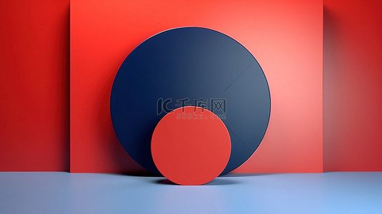时尚简单的产品演示蓝色和红色圆形几何形状的 3D 渲染