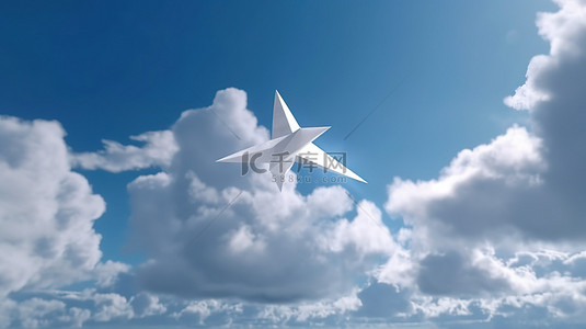 一架白色折纸飞机带着想象力翱翔在多云的蓝天上，背景中有一架喷气式客机的影子