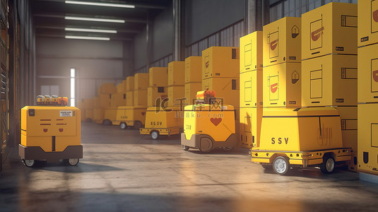 自动导引车 agv 将包裹和产品运输到仓库的 3D 插图渲染