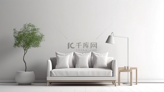 枕头样机背景图片_3D 渲染客厅墙壁，配有沙发枕头和白色背景灯