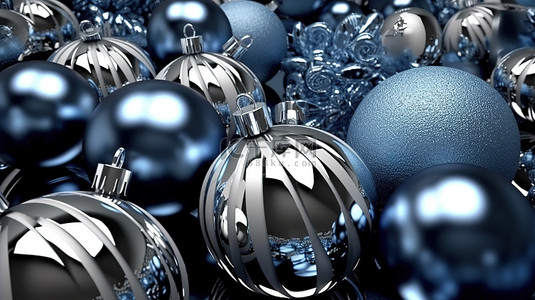 蓝色和银色圣诞装饰球星树礼品盒和装饰品的 3D 渲染，圣诞快乐，新年快乐