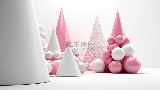 圣诞讲台和粉红色圆锥树，球体在白色背景上以 3d 渲染