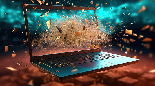 爆炸性炸弹从笔记本电脑屏幕上发射，粉碎成微小颗粒 3D 渲染