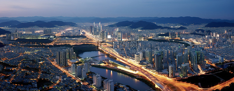 显示了傍晚时分首尔城市的鸟瞰图