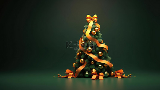 新年送贺卡背景图片_3D 渲染节日圣诞树的插图，装饰着丝带装饰和用于贺卡和横幅的松树
