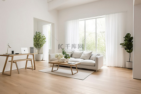 干净的白色客厅配有浅色橡木地板和高高的天花板