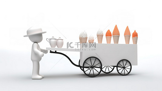白色 3D 角色在白色背景的冰淇淋车旁享用冰淇淋