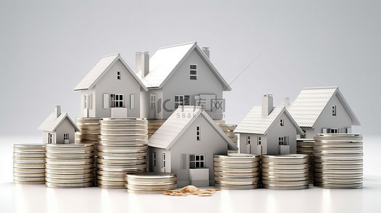 房地产投资背景图片_堆叠硬币与房屋，在白色背景上以 3D 形式描绘房地产投资或住房贷款概念