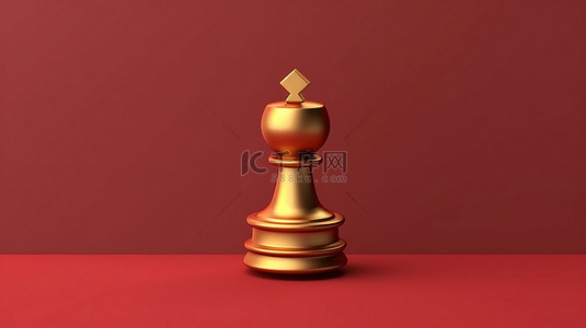 红色哑光板上的金色国际象棋皇后徽章 3D 渲染社交媒体图标