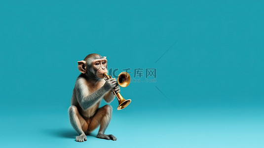 猴子猴子卡通背景图片_蓝色背景上吹小号的猴子的猿小夜曲 3D 插图