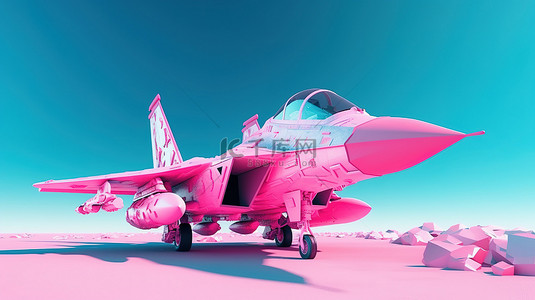 粉色战斗机在天蓝色背景 3d 渲染下翱翔