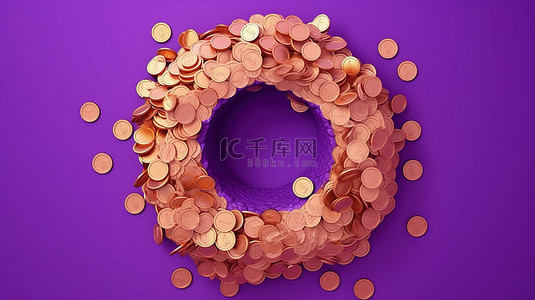 紫色背景，圆孔现金和硬币倒出，描绘无现金省钱 3D 渲染插图