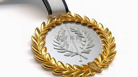金徽章和絲帶背景图片_3d 渲染的金牌和银牌装饰着白色背景上的月桂花环