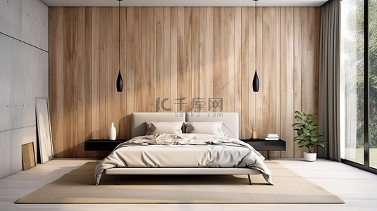 酒店家具背景图片_卧室室内设计与木墙纹理模拟家具和家居装饰 3D 渲染