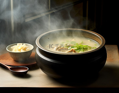 汤里充满了蒸汽，坐在锅碗旁边