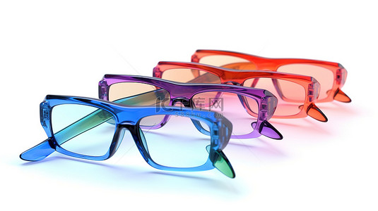 眼镜框logo背景图片_白色背景，带有色彩鲜艳的独立 3D 眼镜
