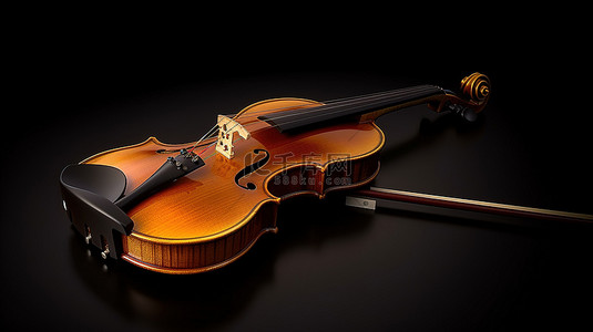 黑色背景下古典木制小提琴和弓的 3D 渲染