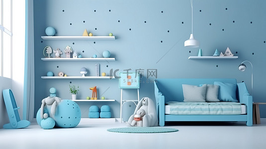 孩子蓝色背景图片_白色背景下儿童卧室的现代蓝色室内 3D 渲染