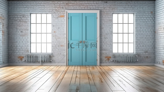 时尚的白色门和充满活力的蓝色砖墙，配有木地板，现代阁楼 3D 插图