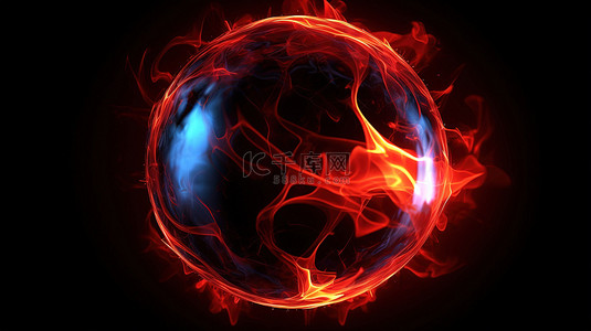 3D 蓝色抽象球体中深黑色背景上的火红核心