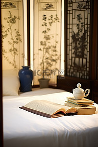折叠床海报背景图片_东方空间中的一张小床，配有大白床单和中式装饰