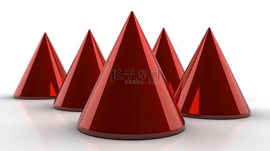 红色 3D 金字塔，具有 6 或 7 个切片圆锥级别，反映在白色背景上