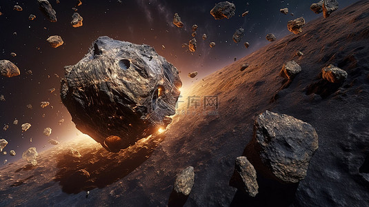 黑暗空间小行星科幻场景的 3D 渲染装饰