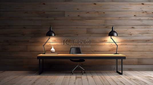 书本内页样机背景图片_时尚的木书桌位于宽敞时尚的简约房间内，配有灰色墙壁和自然美丽的木地板 3D 渲染