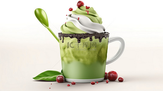 走秀卡通背景图片_卡通风格 3d 渲染软冰和绿茶红豆冰淇淋在白色背景下隔离的杯子