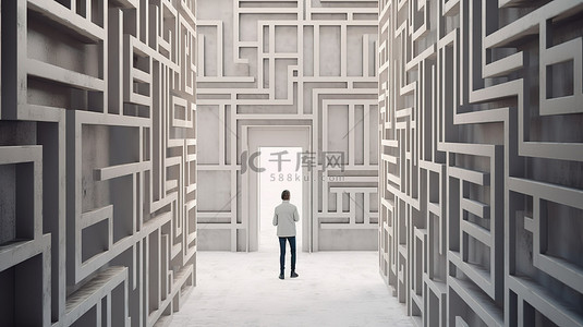 游戏闯关迷宫背景图片_3D 插图人退出门和楼梯迷宫的文本空间